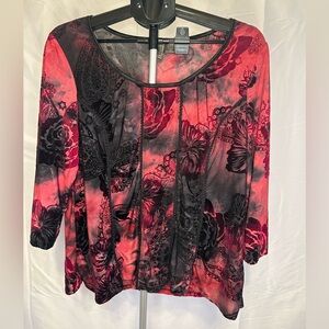 Serenade Women's Red and Black Velour Blouse with Lace Details